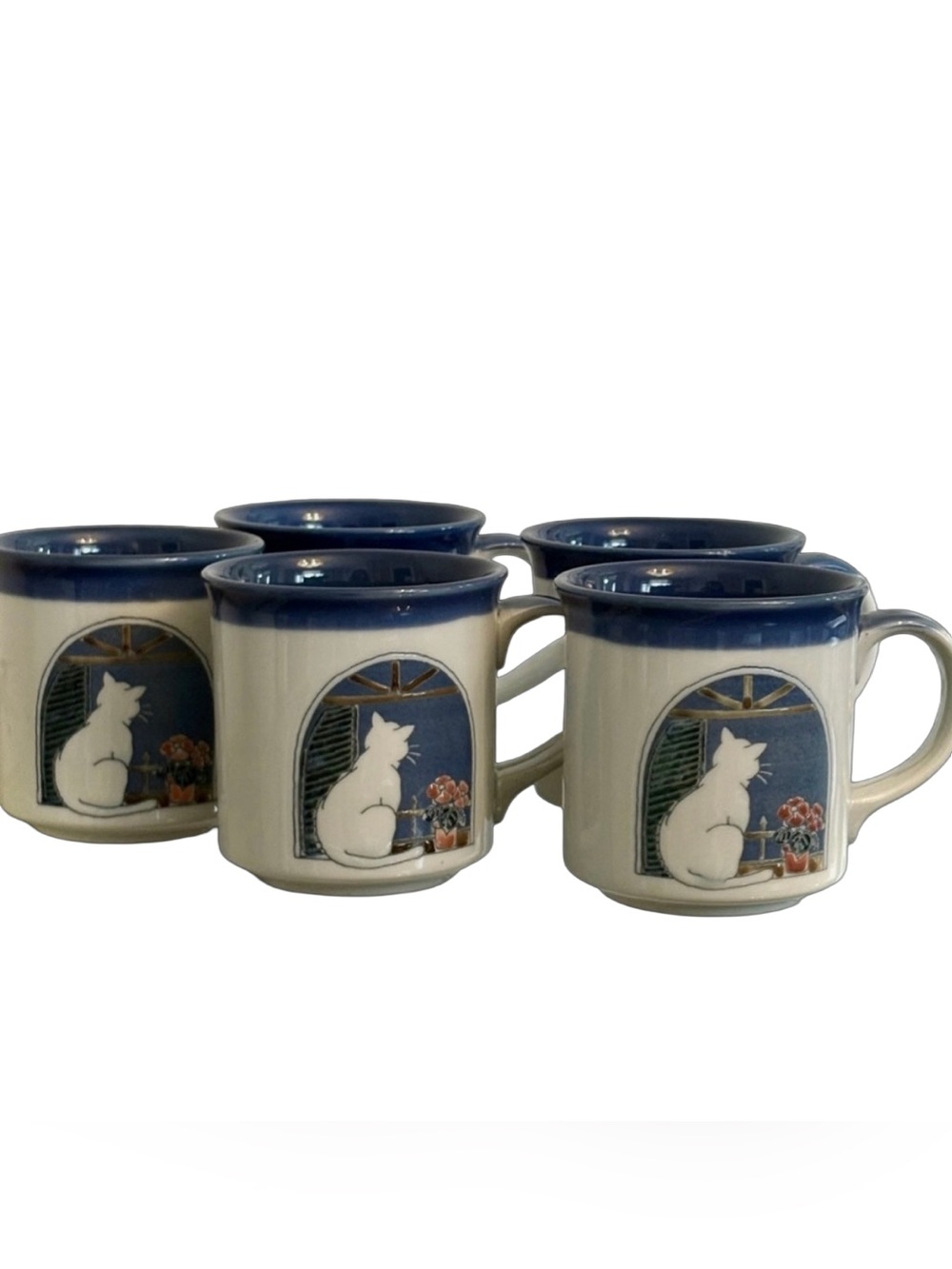 Vintage 70’s OTAGIRI Cat In Window Pink Flowers COFFEE MUGS Set Of 5